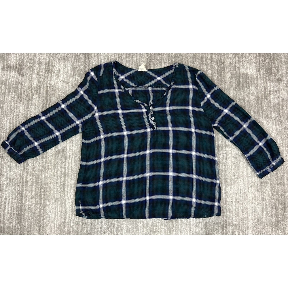 Spade & Heart Top Women Small Green Plaid Henley 3/4 Sleeve V-Neck Casual Blouse